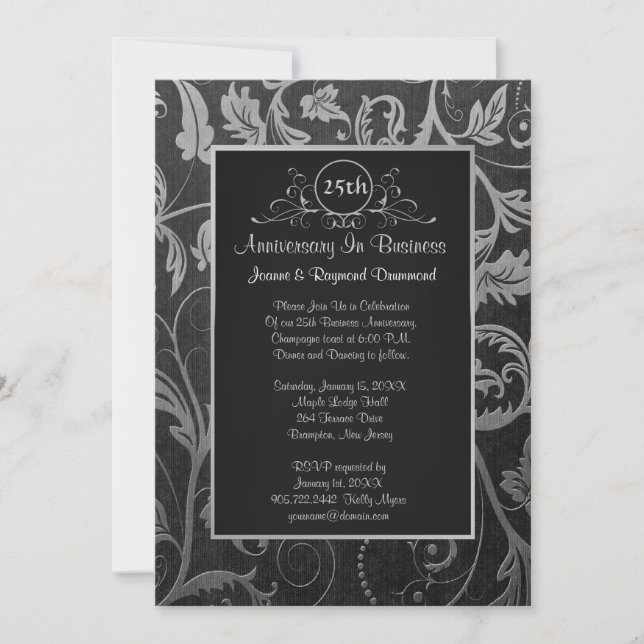 Invitation Noir - Argent Damask 25e anniversaire d'affaires (Devant)