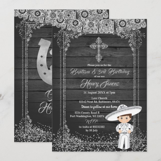 Invitation Noir Argent Mexicain Charro baptême & 3ème anniver (Devant / Derrière)