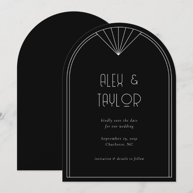 Invitation Noir Art Déco Arch Frame Mariage Enregistrer la da (Devant / Derrière)