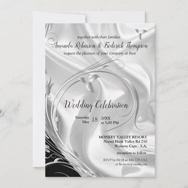 Invitation Noir avec argent sur Mariage de soie Champagne (Devant)