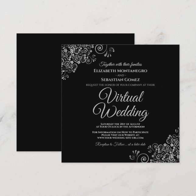 Invitation Noir avec Lacy Silver Elegant Mariage virtuel (Devant / Derrière)