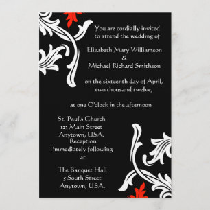 Invitation Noir avec mariage damassé blanc et rouge
