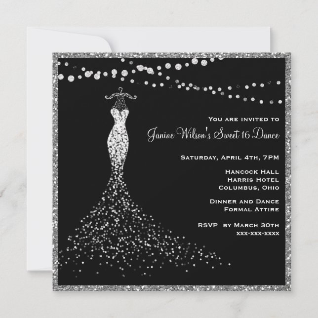 Invitation Noir avec Parties scintillant argentée Sweet 16 (Devant)