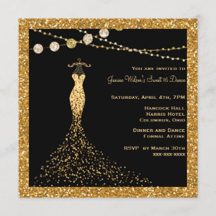 Invitation Noir avec Parties scintillant or Sweet 16