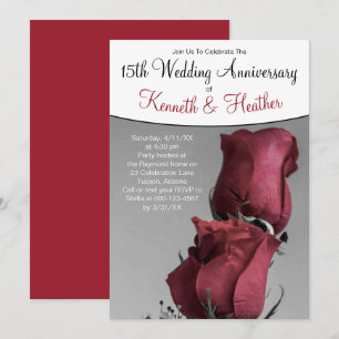 Invitation Noir Blanc 15e Anniversaire de Mariage Roses Rouge