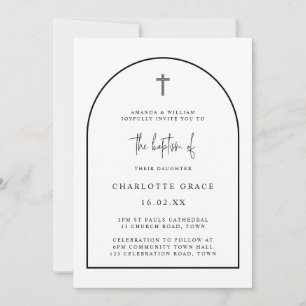 Invitation Noir Blanc Arc Moderne Script Baptême minimaliste 