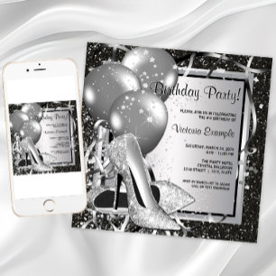Invitation Noir Blanc Argent Haut talon Femme fête d'annivers