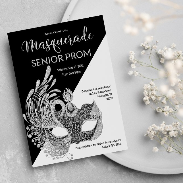 Invitation Noir Blanc Argent Paillettes Mascarade Soirée (Black White Silver Glitter Masquerade Prom)