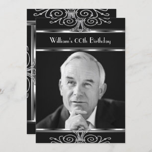 Invitation Noir Blanc Argent Vintage Déco fête d'anniversaire