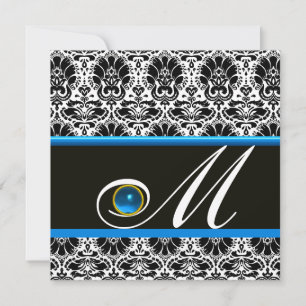 Invitation NOIR BLANC BLEU DAMAS MONOGRAMME Saphir