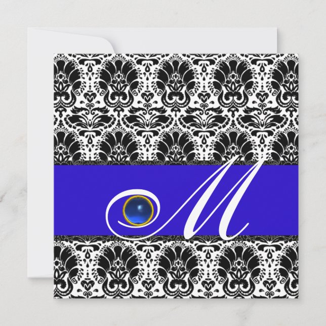 Invitation NOIR BLANC BLEU DAMASK MONOGRAMME Saphir (Devant)