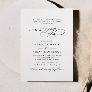 Invitation Noir Blanc Bleu Élégant Script Mariage moderne