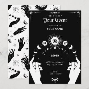 Invitation Noir blanc Boho Lune main mystique 