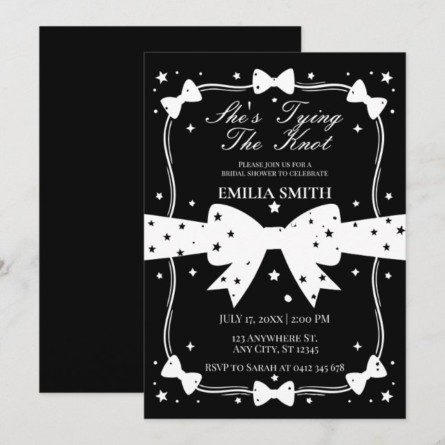 Invitation noir blanc Bow Elle noue la Fête des mariées de no (Devant / Derrière)