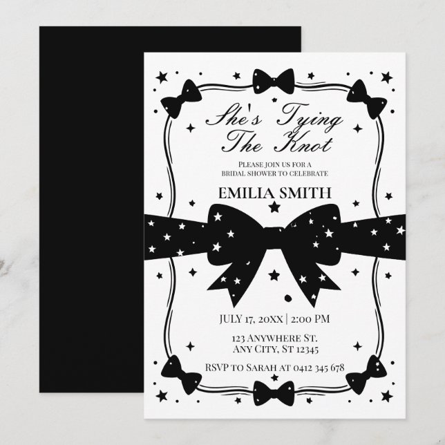Invitation noir blanc Bow Elle noue la Fête des mariées de no (Devant / Derrière)
