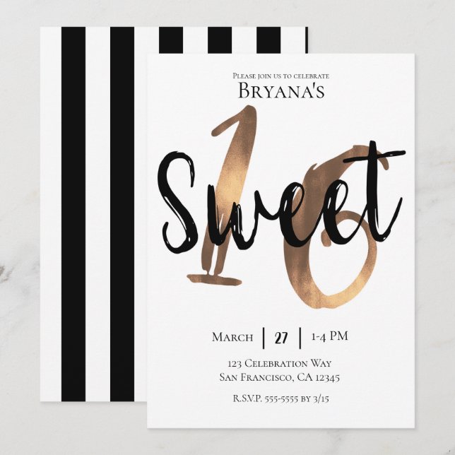 Invitation Noir Blanc Bronze Moderne Sweet 16 Anniversaire (Devant / Derrière)