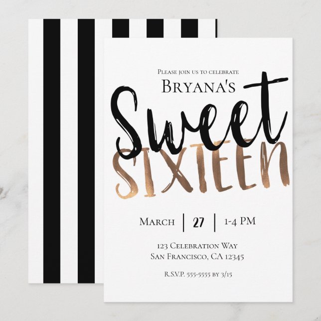 Invitation Noir Blanc Bronze Moderne Sweet 16 SIXTEEN Party (Devant / Derrière)