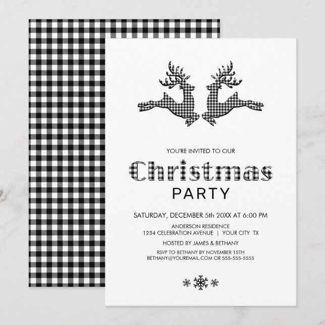Invitation Noir Blanc Buffalo Plaid Reindees fête de Noël (Devant / Derrière)
