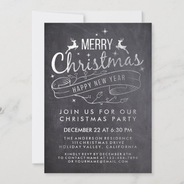 Invitation Noir Blanc Chalkboard Holly Joyeux Noël (Devant)