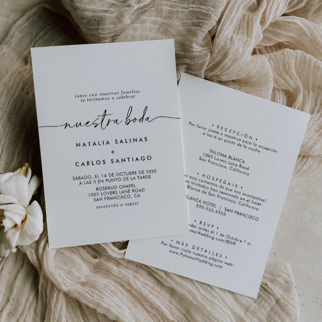 Invitation Noir blanc classique avant et arrière Nuestra Boda (Créateur téléchargé)