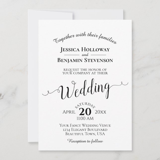 Invitation Noir & Blanc Classique Simple Mariage Élégant (Devant)