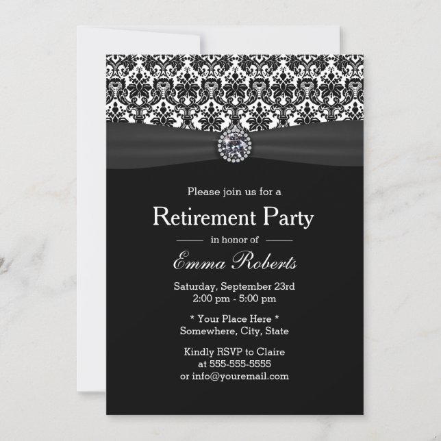 Invitation Noir & Blanc Damask Diamond Retraite Party (Devant)