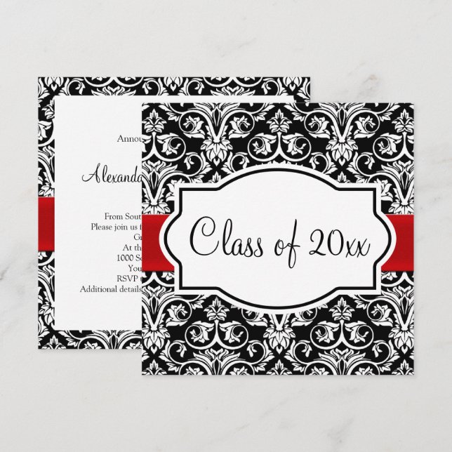 Invitation Noir/Blanc Damask Red Ribbon Carré Graduation (Devant / Derrière)
