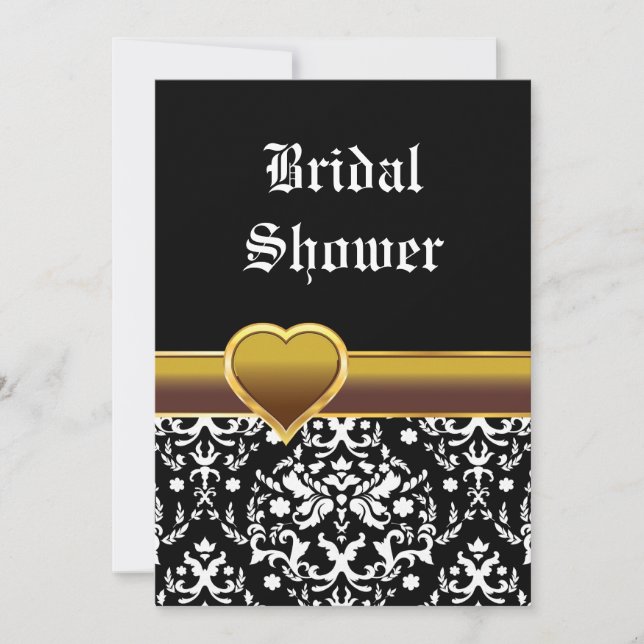 Invitation Noir blanc damassé coeur mariage douche nuptiale (Devant)