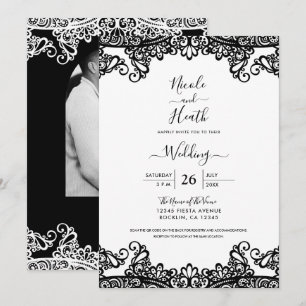 Invitation Noir & Blanc dentelle élégant mariage