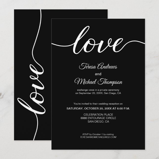Invitation Noir Blanc Élégant Elopement Réception de mariage (Devant / Derrière)