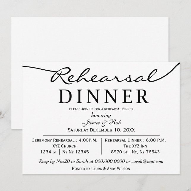 Invitation noir blanc Élégant Script de répétition Dîner Invi (Devant / Derrière)