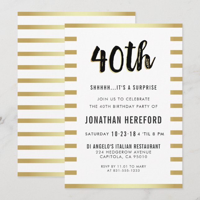 Invitation Noir, blanc et fête d'anniversaire de surprise (Devant / Derrière)