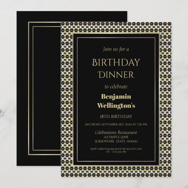 Invitation Noir Blanc et Or 18e anniversaire Dîner (Devant / Derrière)