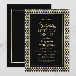 Invitation Noir Blanc et or Surprise 30e anniversaire Dîner