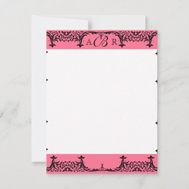 Invitation Noir, blanc et rose chaud Damas Merci Notes (Devant)
