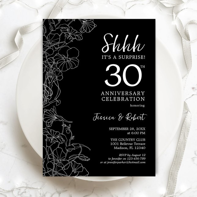 Invitation Noir Blanc Floral Surprise 30e Anniversaire (Créateur téléchargé)