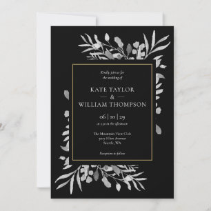 Invitation Noir Blanc Foliage Élégant Mariage Or