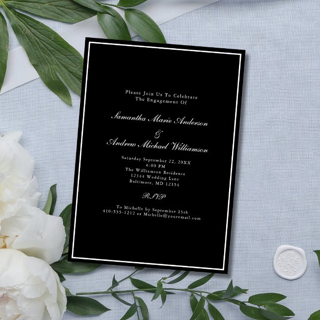 Invitation Noir Blanc Formal Élégant Fiançailles de mariage (Black White Formal Elegant Classic Engagement Party Invitation)