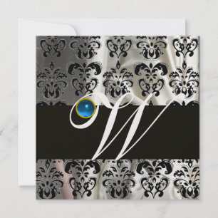 INVITATION NOIR BLANC GLACE SILK DAMASK MONOGRAM BLEU SAPPHIR