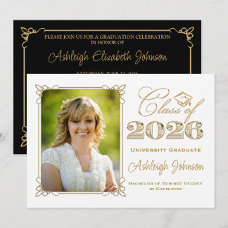 Invitation Noir, Blanc, Gold Classe de 2025 Photo Graduation