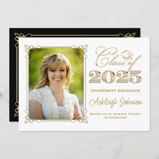 Invitation Noir, Blanc, Gold Classe de 2025 Photo Graduation