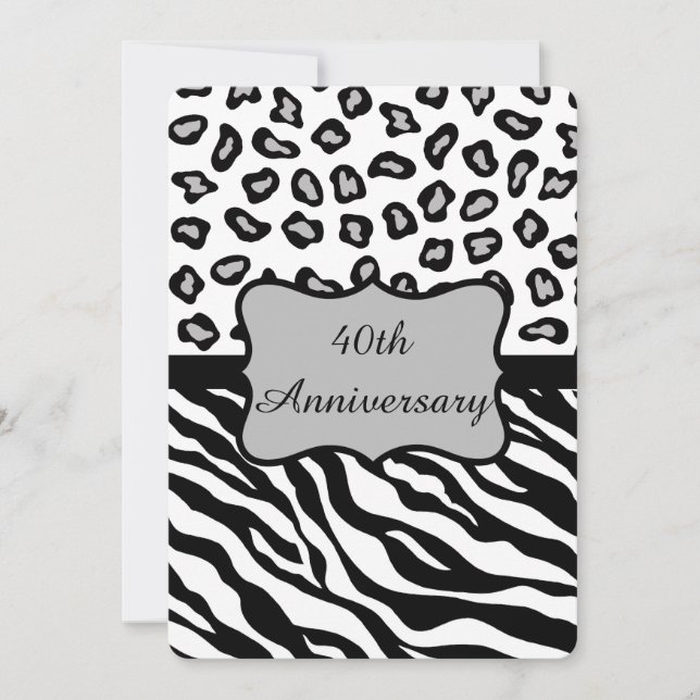 Invitation Noir Blanc Gris Zèbre Léopard 40e Anniversaire (Devant)