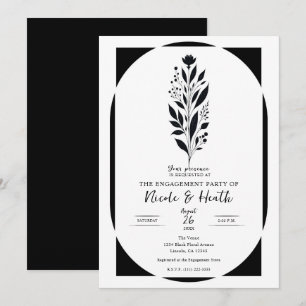 Invitation Noir Blanc Haut Floral Moderne Vintage Fiançailles