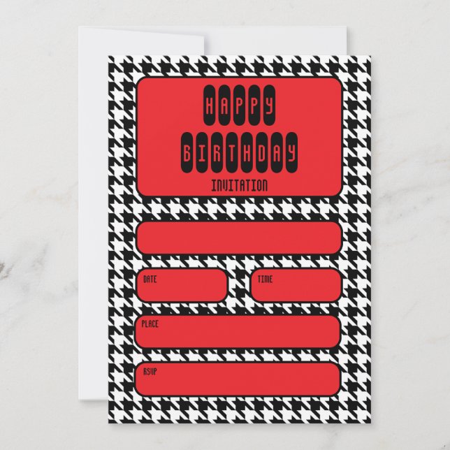 Invitation Noir & Blanc Houndstooth Rouge Anniversaire (Devant)