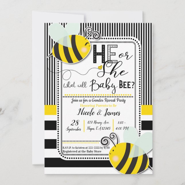 Invitation Noir Blanc Il ou Elle BEE Genre Reveillez Douche (Devant)