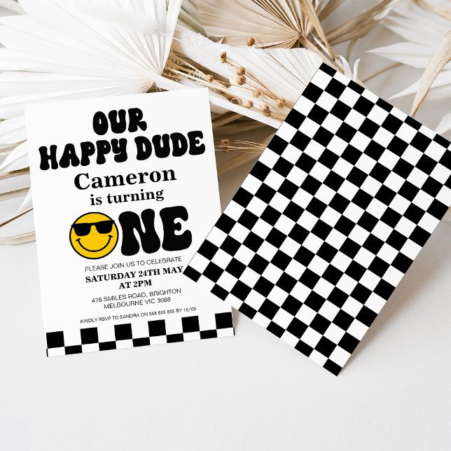 Invitation Noir Blanc Jaune Notre Joyeux Mec 1er Anniversaire (Happy dude 1st birthday invitation for boy featuring some retro text, checkerboard pattern and face.)