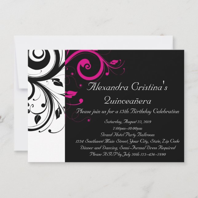 Invitation Noir, Blanc, Magenta Swirl Quinceañera (Devant)