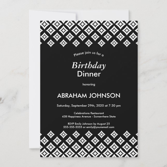 Invitation Noir Blanc Moderne Géométrique Dîner d'anniversair (Devant)