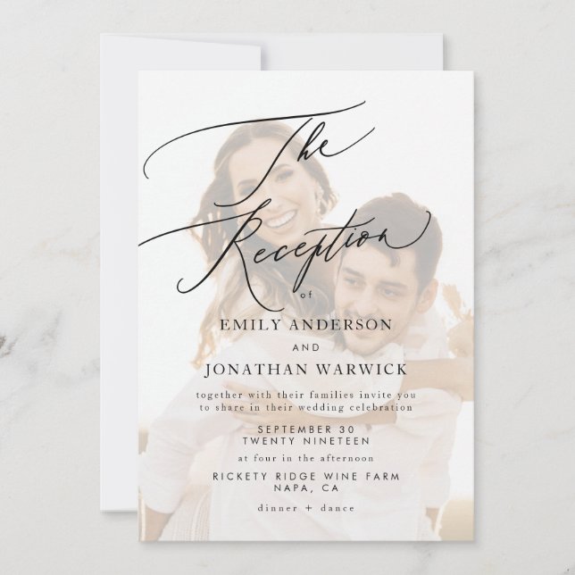 Invitation Noir blanc moderne Réception de mariage simple Pho (Devant)
