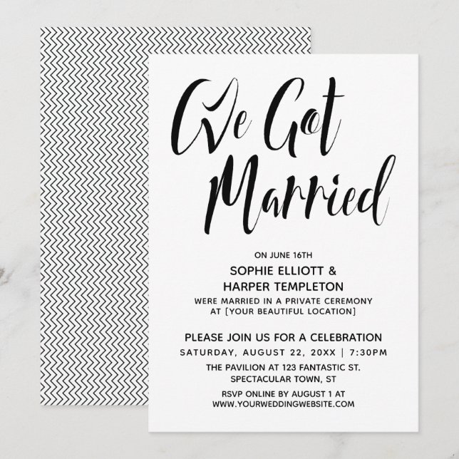 Invitation Noir & Blanc Nous sommes mariés Typographie Fête (Devant / Derrière)